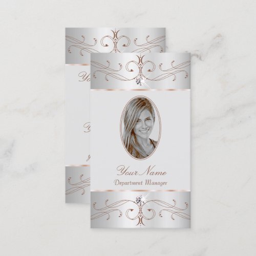 Noble Silver Rose Gold Ornate Ornaments with Photo Business Card