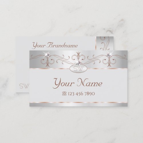 Noble Silver Rose Ornate Sparkle Diamonds Initials Business Card