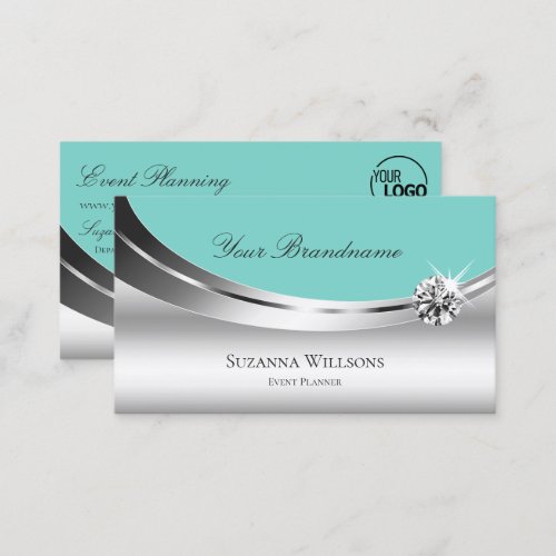 Noble Silver Teal with Logo and Sparkle Diamond Business Card