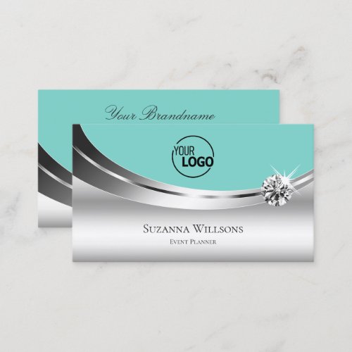 Noble Silver Teal with Logo and Sparkling Diamond Business Card