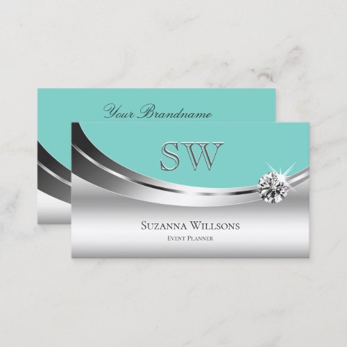 Noble Silver Teal with Monogram Sparkling Diamond Business Card