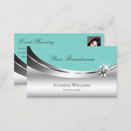 Noble Silver Teal with Photo and Sparkling Diamond Business Card