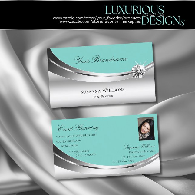Noble Silver Teal with Photo and Sparkling Diamond Business Card (Creator Uploaded)