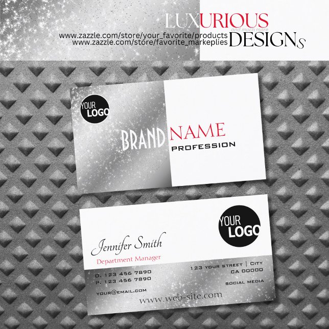 Noble Silver White Red Tiny Glitter Stars add Logo Business Card (Creator Uploaded)