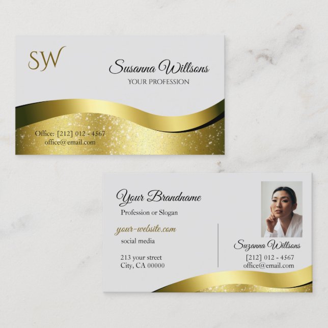 Noble Wavy Gold Decor on Light Gray Monogram Photo Business Card (Front/Back)