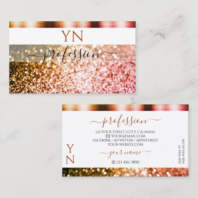 Noble White Orange Pink Sparkling Glitter Monogram Business Card (Front/Back)