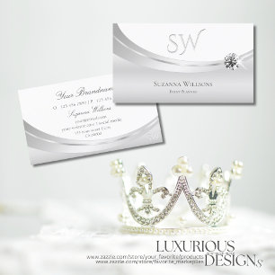 Noble White Silver with Monogram and Sparkle Jewel Business Card