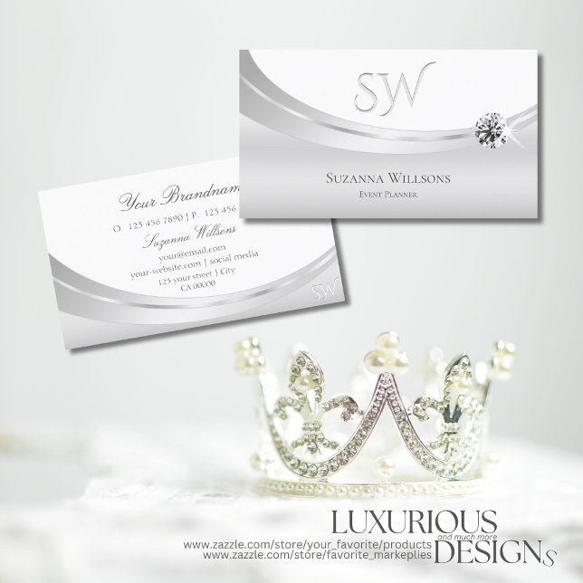 Noble White Silver with Monogram and Sparkle Jewel Business Card (Creator Uploaded)