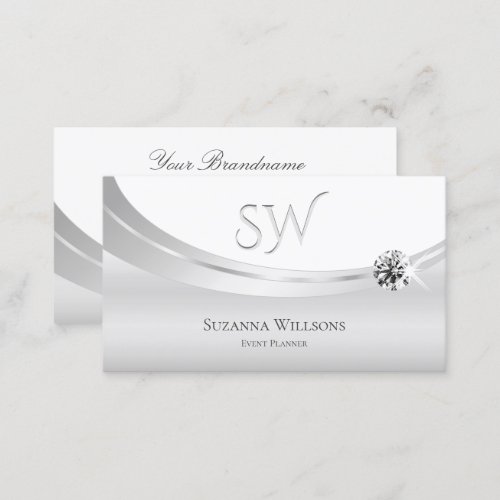 Noble White Silver with Monogram and Sparkle Jewel Business Card