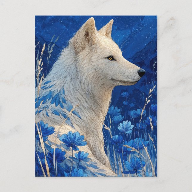 Noble White Wolf in Cobalt Blue Garden Postcard (Front)