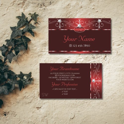Noble Wine Red Squiggles Sparkle Diamonds Initials Business Card