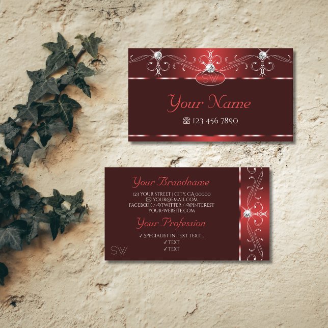 Noble Wine Red Squiggles Sparkle Diamonds Initials Business Card (Creator Uploaded)