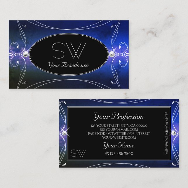 Nobly Black Blue Ornate Sparkle Diamonds Monogram Business Card (Front/Back)
