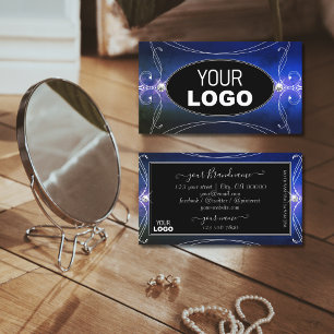 Nobly Black Blue Ornate Sparkle Diamonds with Logo Business Card