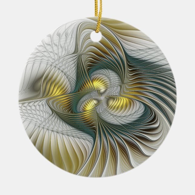 Nobly Golden Teal Abstract Fantasy Fractal Art Ceramic Ornament (Front)