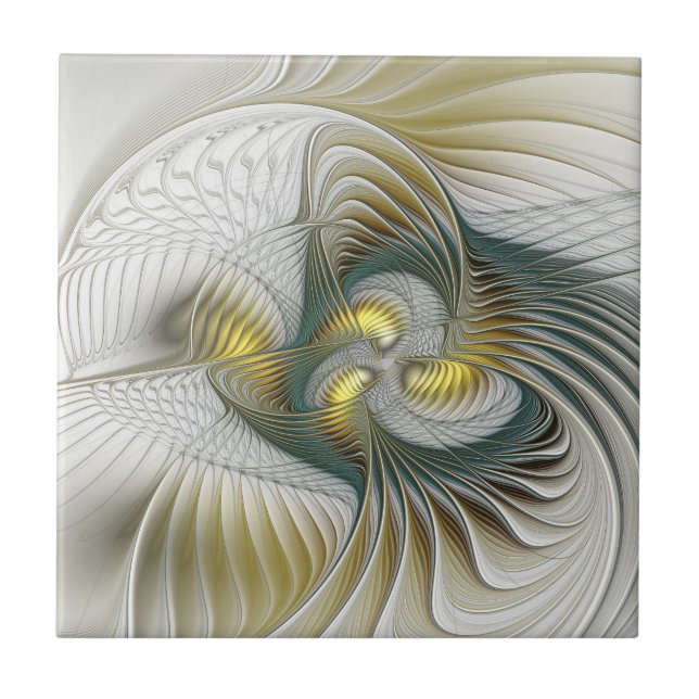 Nobly Golden Teal Abstract Fantasy Fractal Art Ceramic Tile (Front)