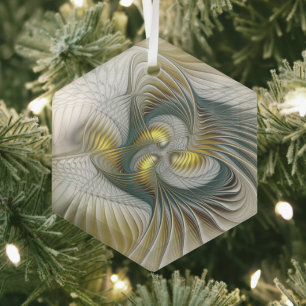 Nobly Golden Teal Abstract Fantasy Fractal Art Glass Ornament