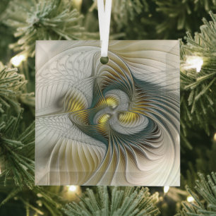 Nobly Golden Teal Abstract Fantasy Fractal Art Glass Ornament