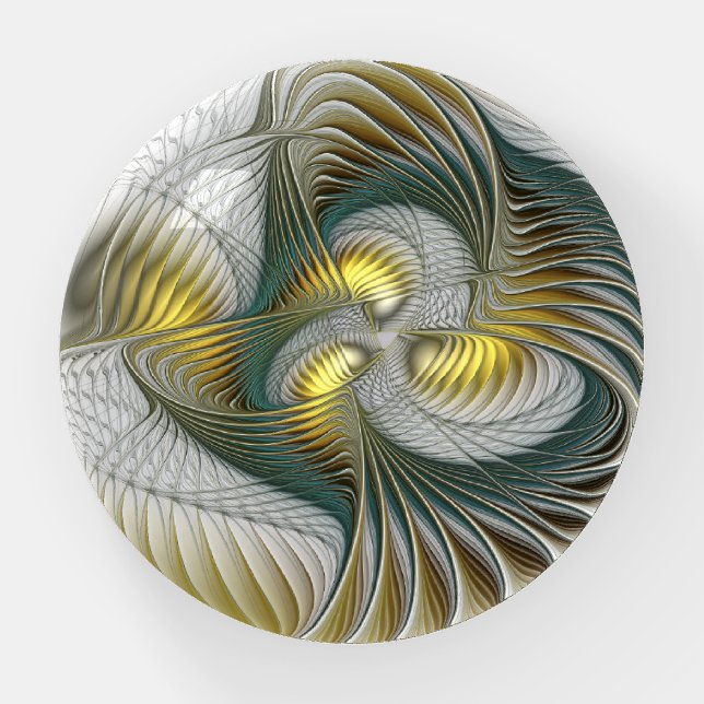 Nobly Golden Teal Abstract Fantasy Fractal Art Paperweight (Front)
