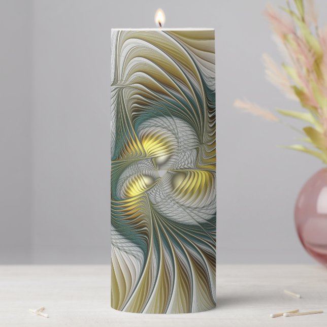 Nobly Golden Teal Abstract Fantasy Fractal Art Pillar Candle (In Situ)