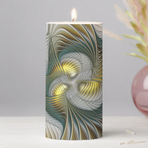 Nobly Golden Teal Abstract Fantasy Fractal Art Pillar Candle