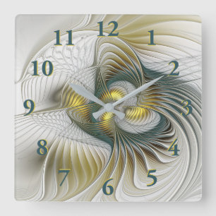 Nobly Golden Teal Abstract Fantasy Fractal Art Square Wall Clock