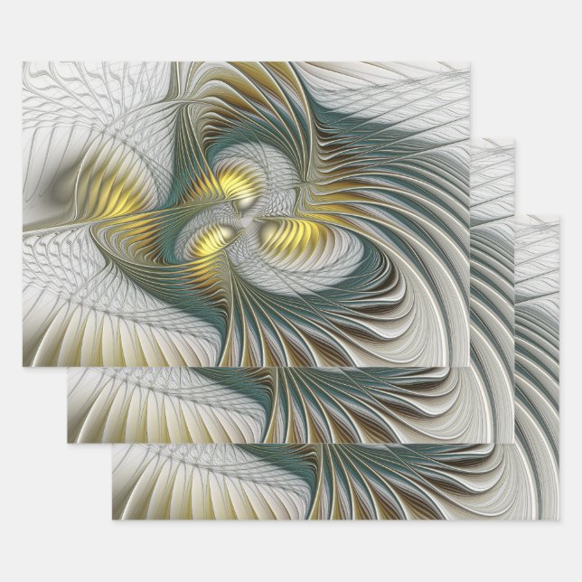 Nobly Golden Teal Abstract Fantasy Fractal Art Wrapping Paper Sheets (Set)