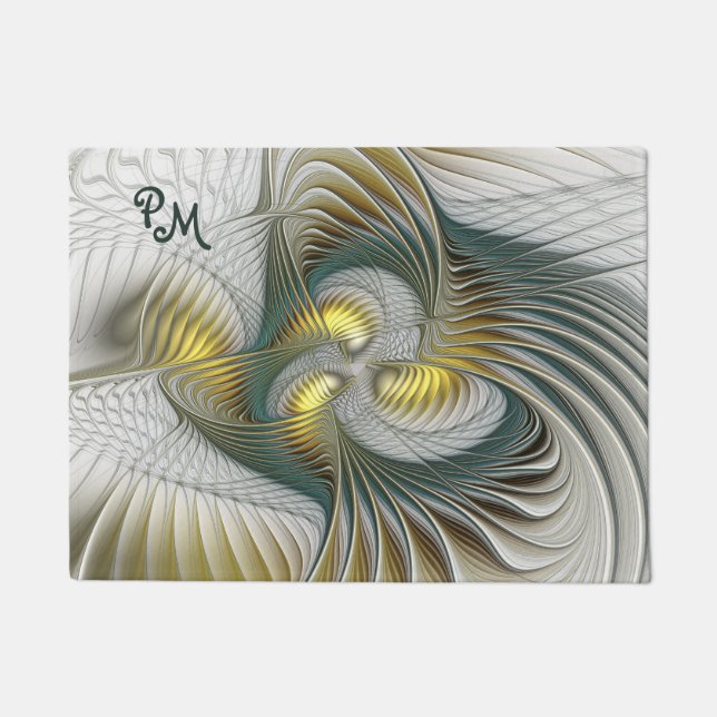 Nobly Golden Teal Abstract Fractal Art Initials Doormat (Front)