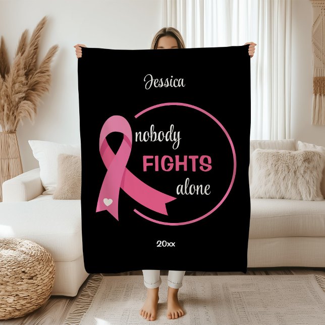 Nobody Fights Alone Pink Ribbon Black Fleece Blanket (Creator Uploaded)