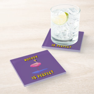 Nobody is perfect - flamingo with swimming ring glass coaster