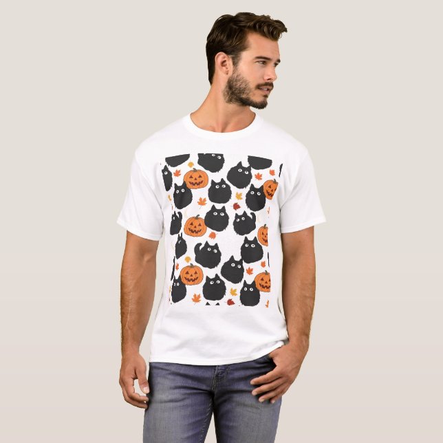 Nocturnal Cats with Pumpkins Pattern T-Shirt (Front Full)