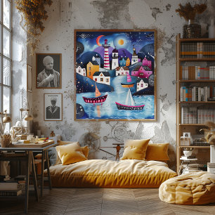 Nocturnal Coastal Town: Folk and Naive Landscape. Poster