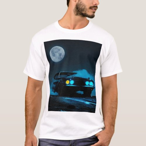 Nocturnal Drive Black Car with Blue Headlights M T_Shirt