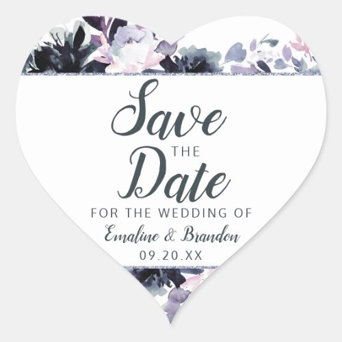 Nocturnal Floral Chic Watercolor Save the Date Heart Sticker