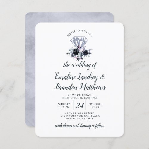 Nocturnal Floral Diamond Dusty Blue Wedding Invitation