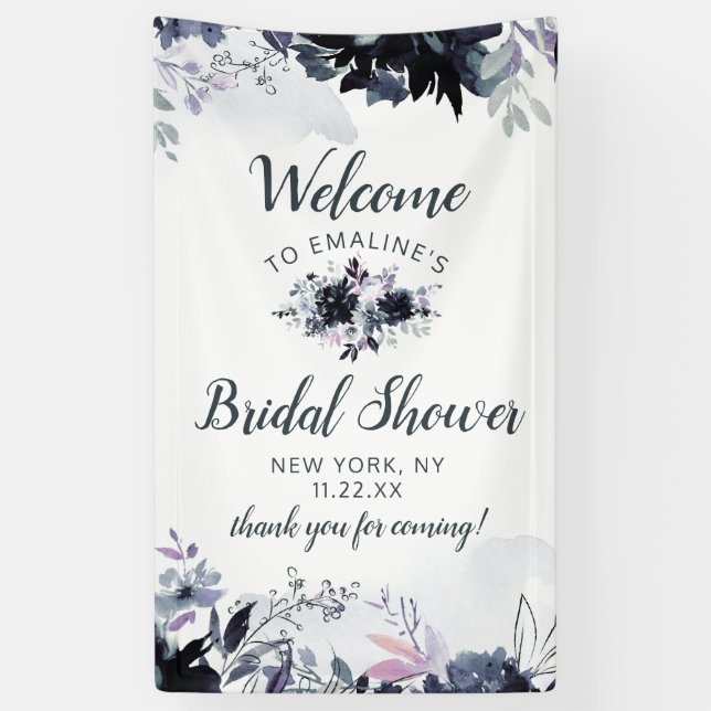 Nocturnal Floral Dusty Blue Bridal Shower Welcome Banner (Vertical)