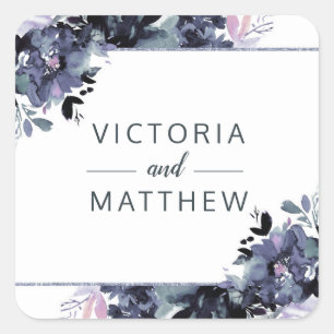 Nocturnal Floral Dusty Blue Monogram Wedding Square Sticker