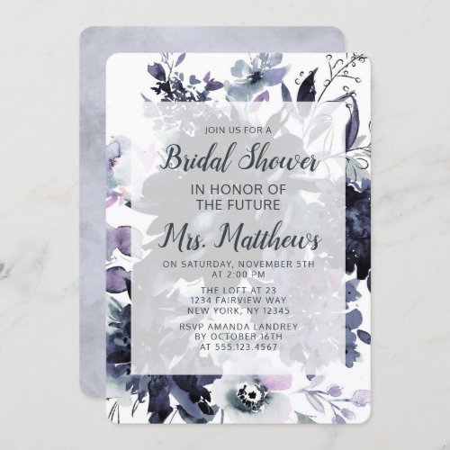 Nocturnal Floral Dusty Blue  Navy Bridal Shower Invitation
