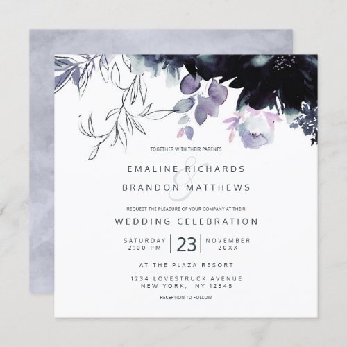 Nocturnal Floral Dusty Blue Square Wedding Invitation