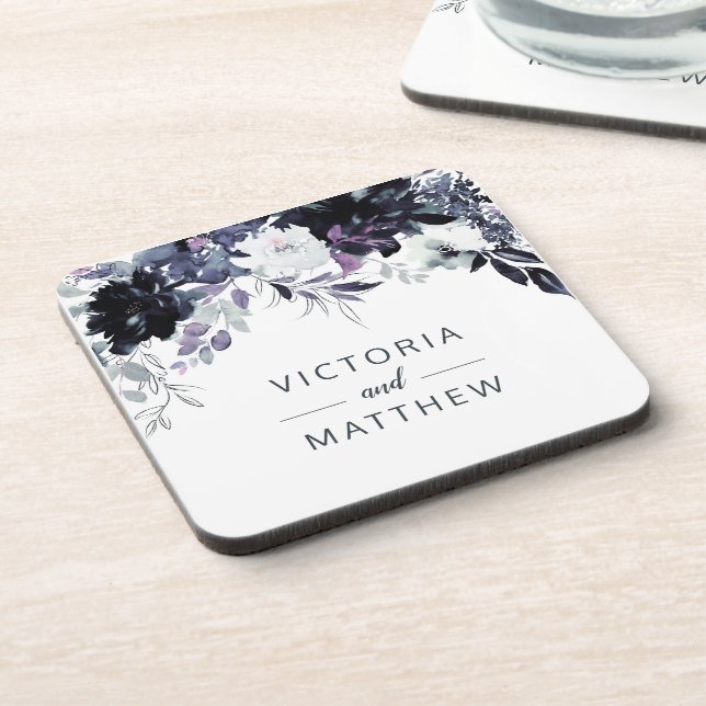 Nocturnal Floral Framed Navy Blue Wedding Monogram Beverage Coaster (Left Side)