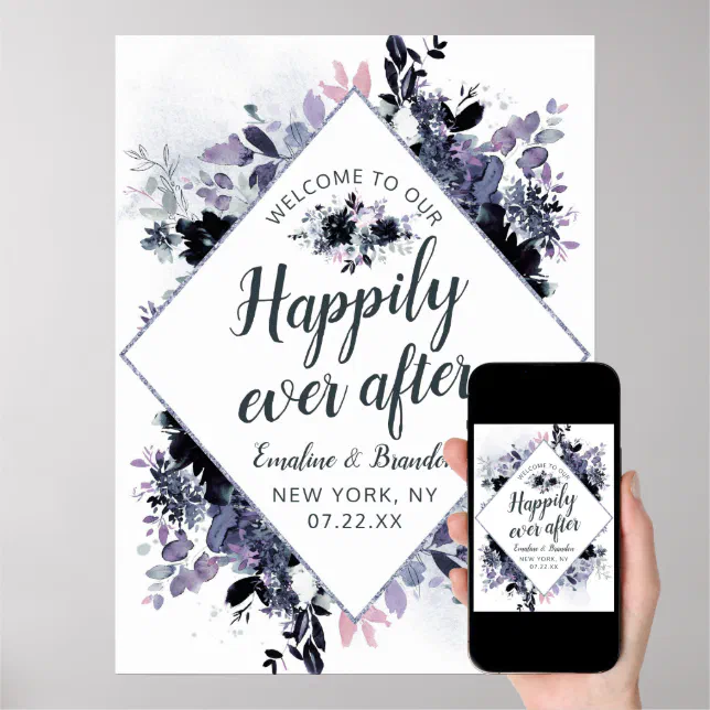 Dusty Blue Floral Happily Ever After Party Welcome Sign Template, Wedding Welcome Sign, Welcome