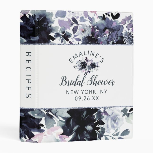 Nocturnal Floral Navy Blue Bridal Shower Recipe Mini Binder (Front/Spine)