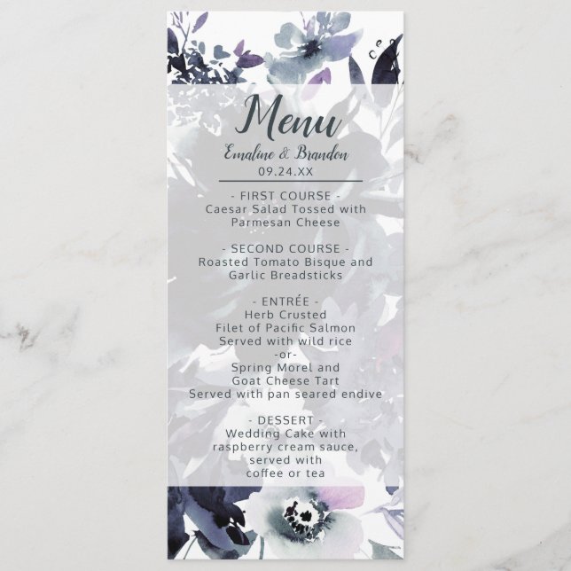 Nocturnal Floral Navy Blue Chic Watercolor Dinner Menu (Front)