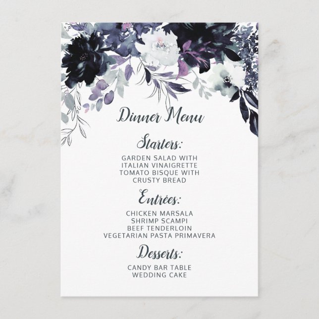 Nocturnal Floral Navy Blue Chic Watercolor Dinner Menu (Front)
