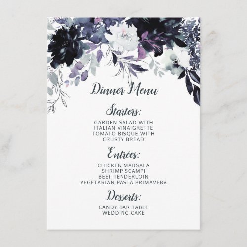 Nocturnal Floral Navy Blue Chic Watercolor Dinner Menu