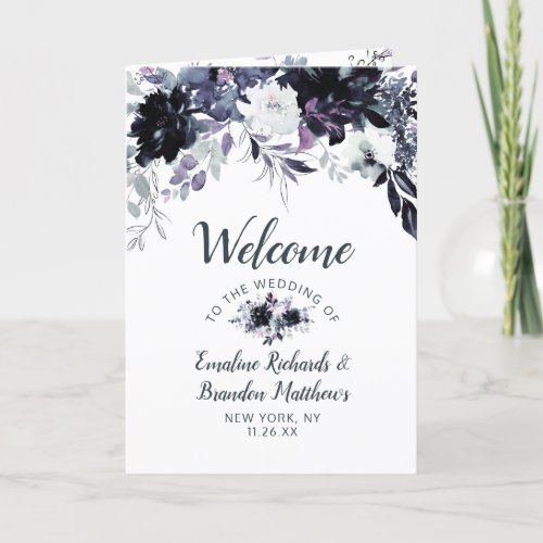 Nocturnal Floral Navy Blue Chic Wedding Ceremony Program