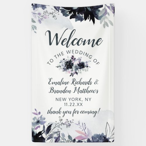 Nocturnal Floral Navy Blue Chic Wedding Welcome Banner