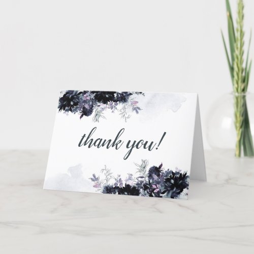 Nocturnal Floral Navy Blue Custom Wedding Photo Thank You Card