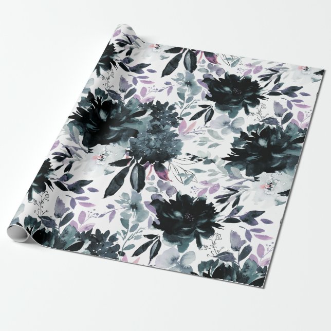 Nocturnal Floral Navy Blue Flower Bouquets Wedding Wrapping Paper (Unrolled)