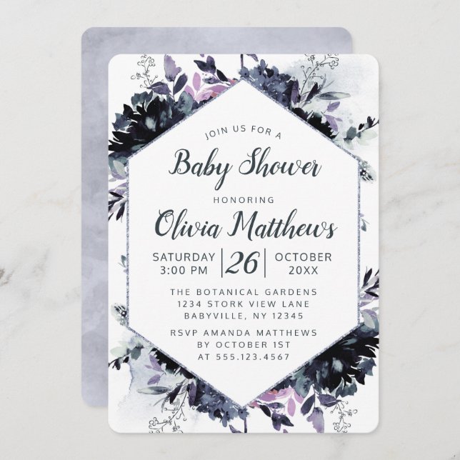 Nocturnal Floral Navy Blue & Gray Baby Girl Shower Invitation (Front/Back)